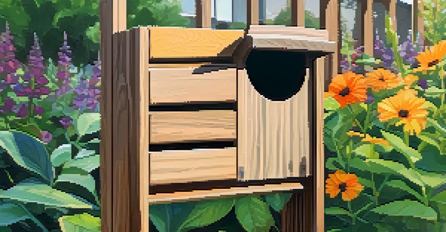 A close-up of a bat box in a garden, surrounded by native plants and colorful flowers, in soft natural light.