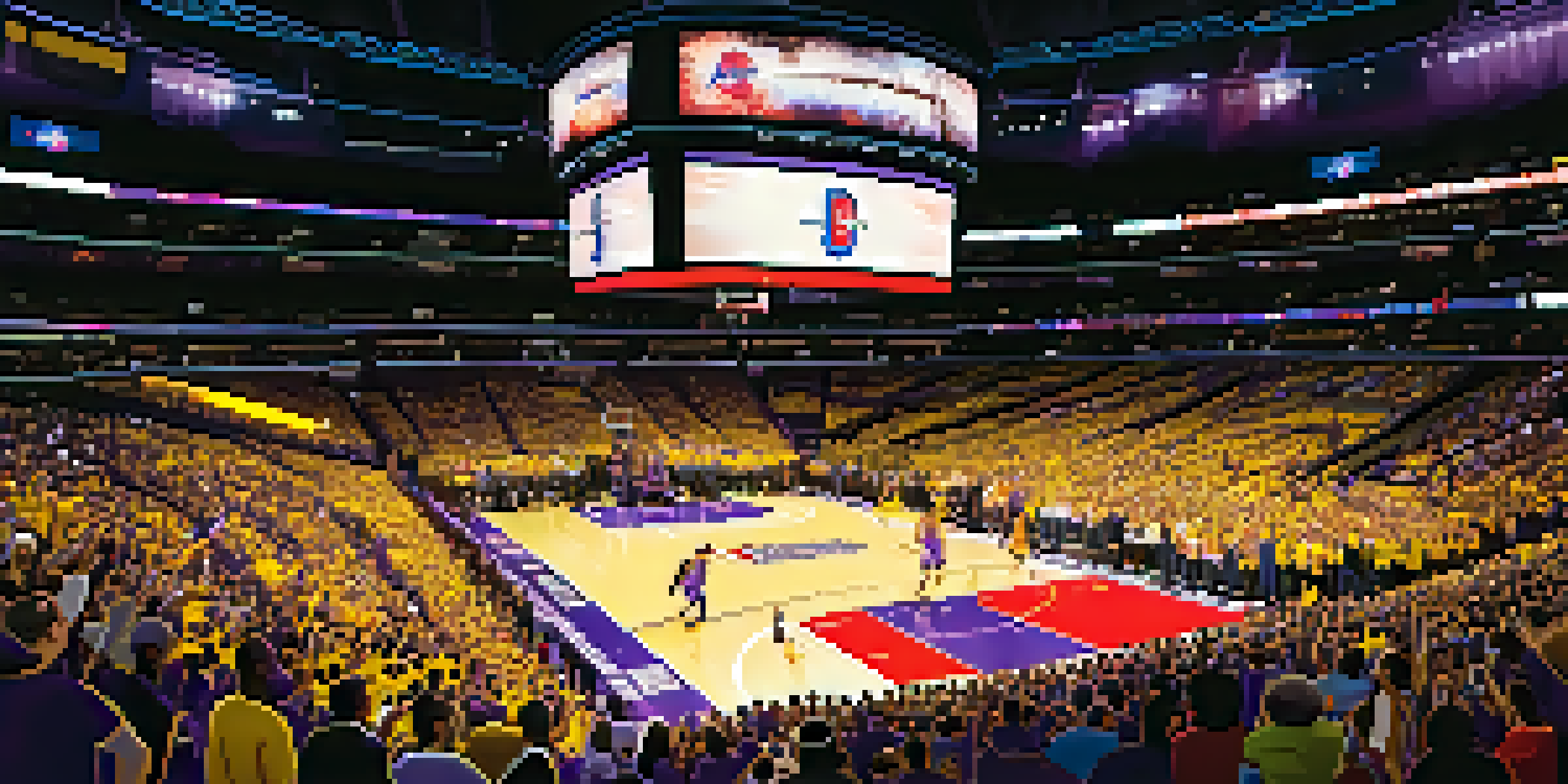 A packed basketball arena showcasing Lakers and Clippers fans, with vibrant colors and intense game action.