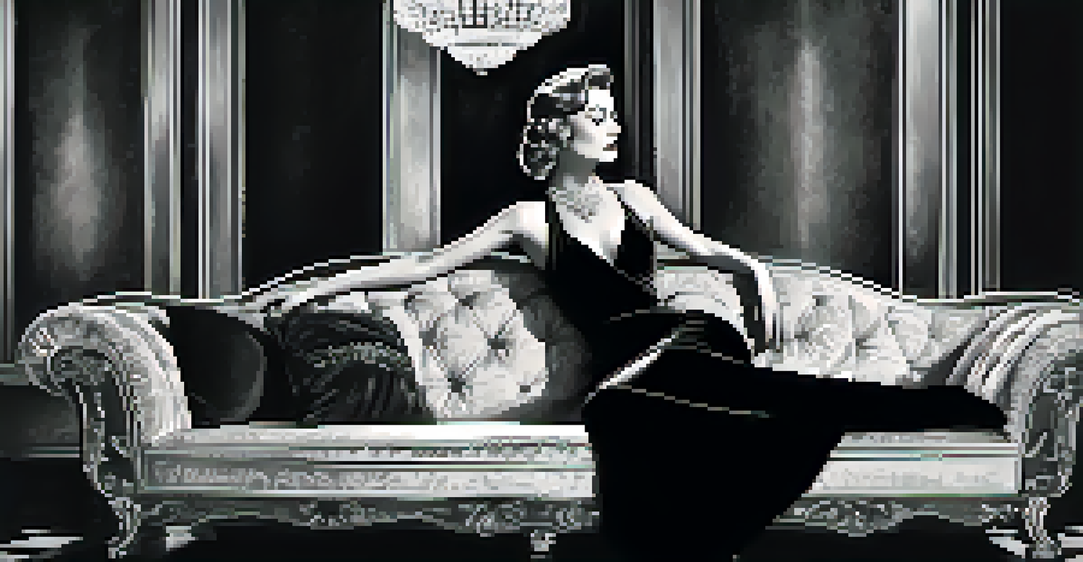 A glamorous actress in a black and white film sitting on a velvet sofa, dressed in a vintage gown.