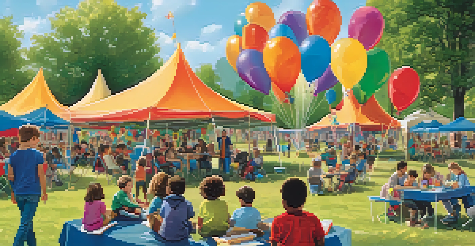 A community event at a park organized by a public library, showcasing educational activities and resources for families.