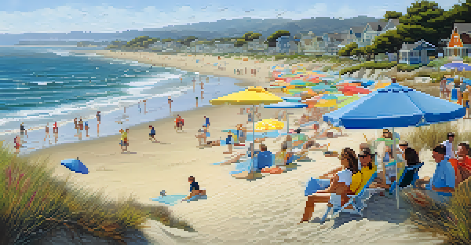 A lively beach scene featuring California least terns nesting, with beachgoers and native plants enhancing the coastal environment.