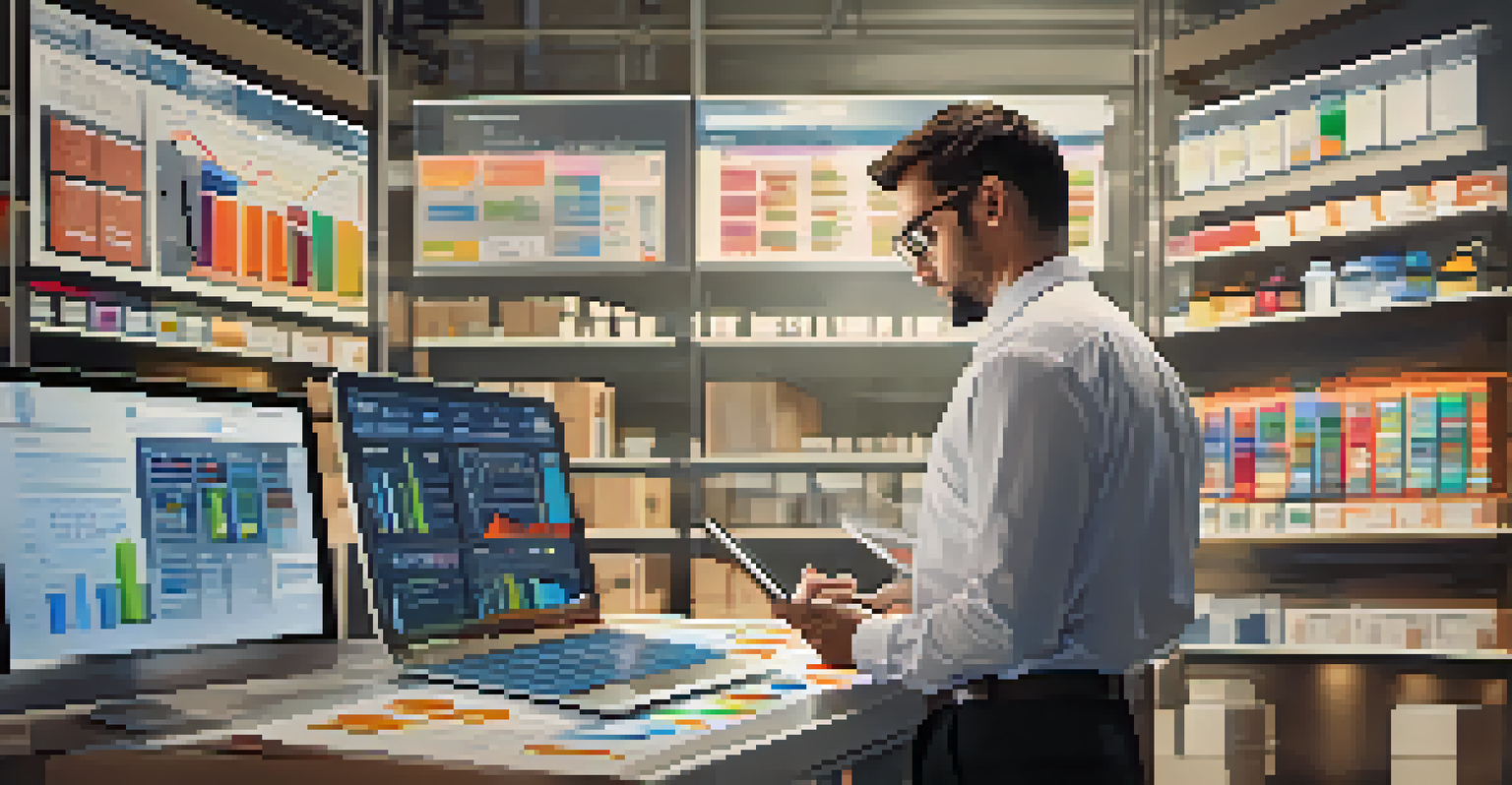 A supply chain manager closely examining data on a tablet, with graphs and charts on a screen in a modern, well-lit room.