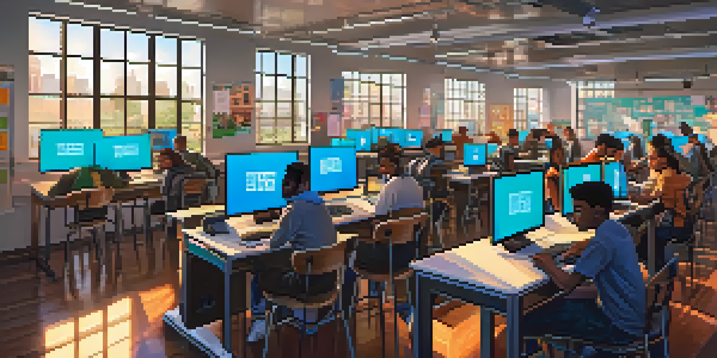 A diverse group of students in a modern classroom engaged in a coding boot camp, surrounded by technology and sunlight.
