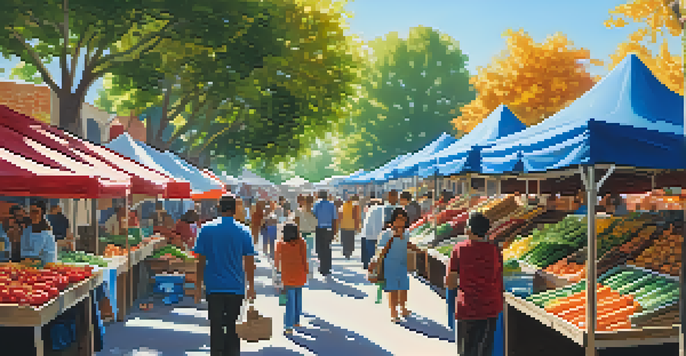 A lively local market with colorful stalls selling fresh produce and crafts, filled with people enjoying the day.