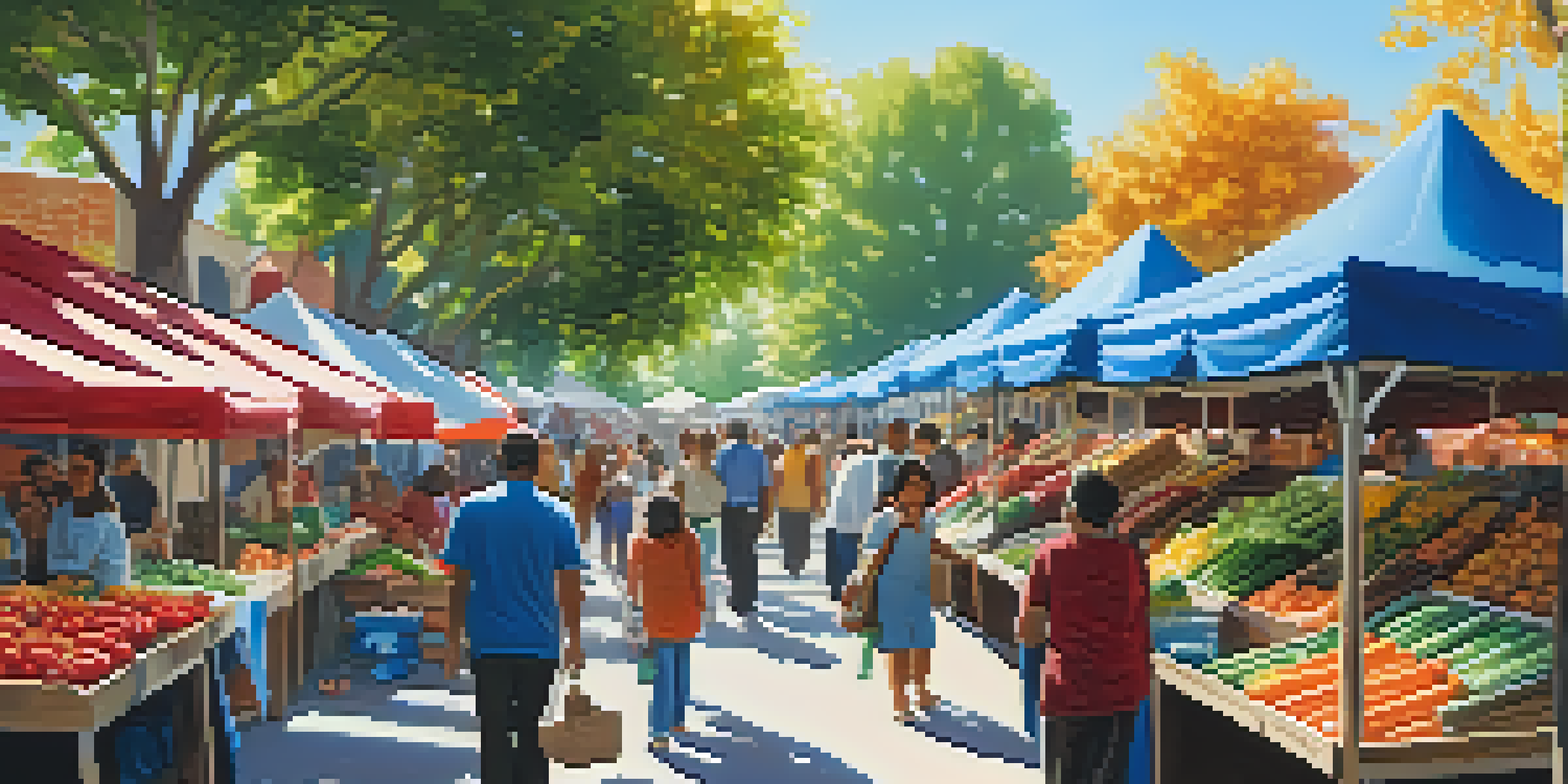 A lively local market with colorful stalls selling fresh produce and crafts, filled with people enjoying the day.
