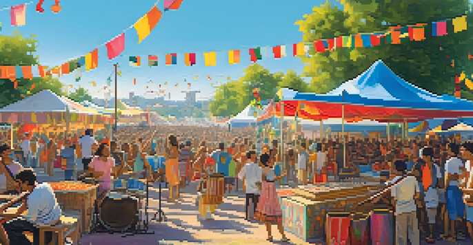 A lively local music festival with a diverse crowd, musicians performing on stage, and colorful tents and food stalls.