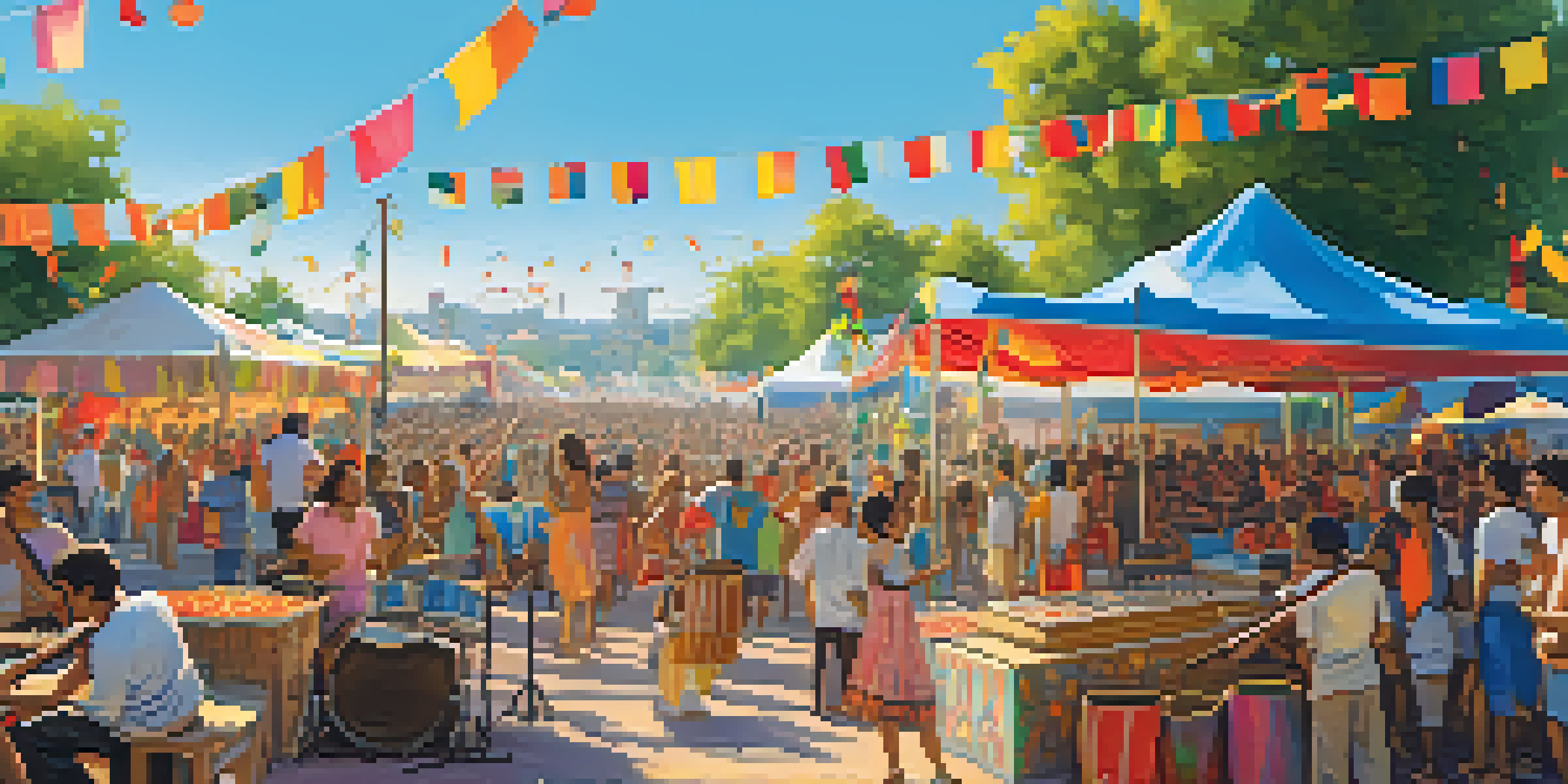 A lively local music festival with a diverse crowd, musicians performing on stage, and colorful tents and food stalls.