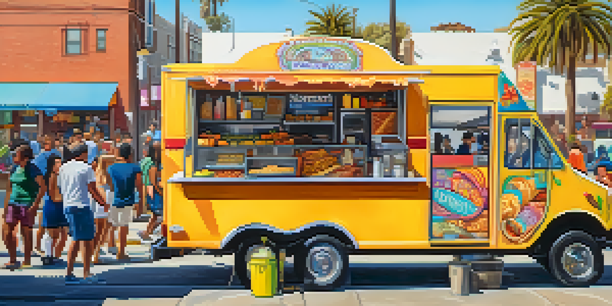 A colorful food truck in Los Angeles surrounded by people enjoying tacos in a sunny street setting.