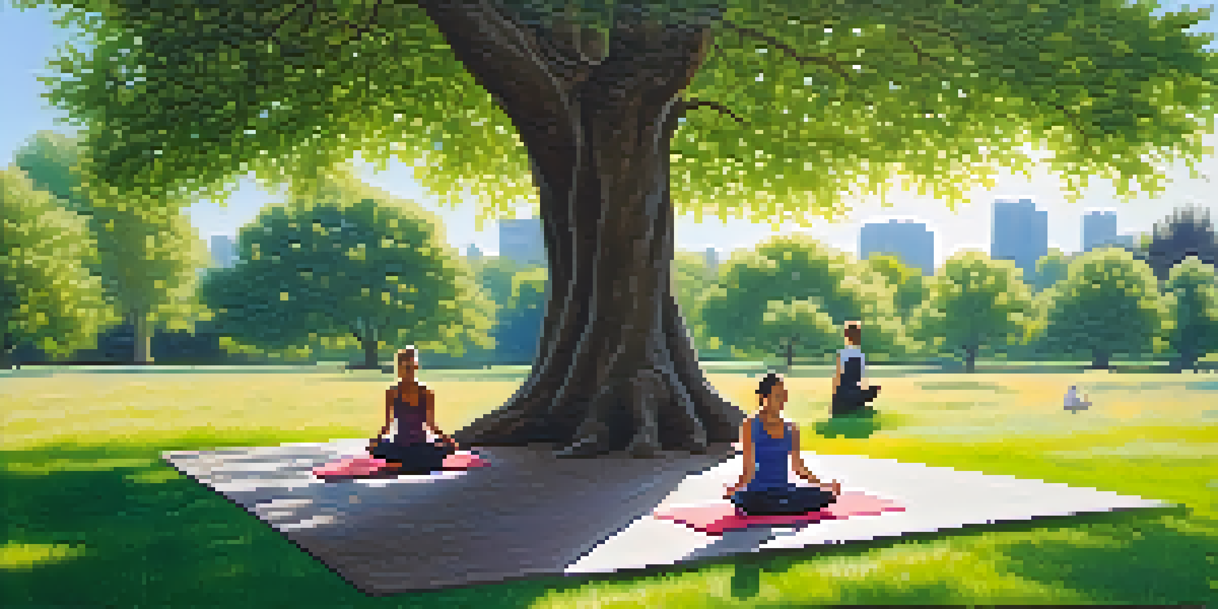 A person meditating under a tree in a park, with sunlight filtering through the leaves and colorful wildflowers around them.