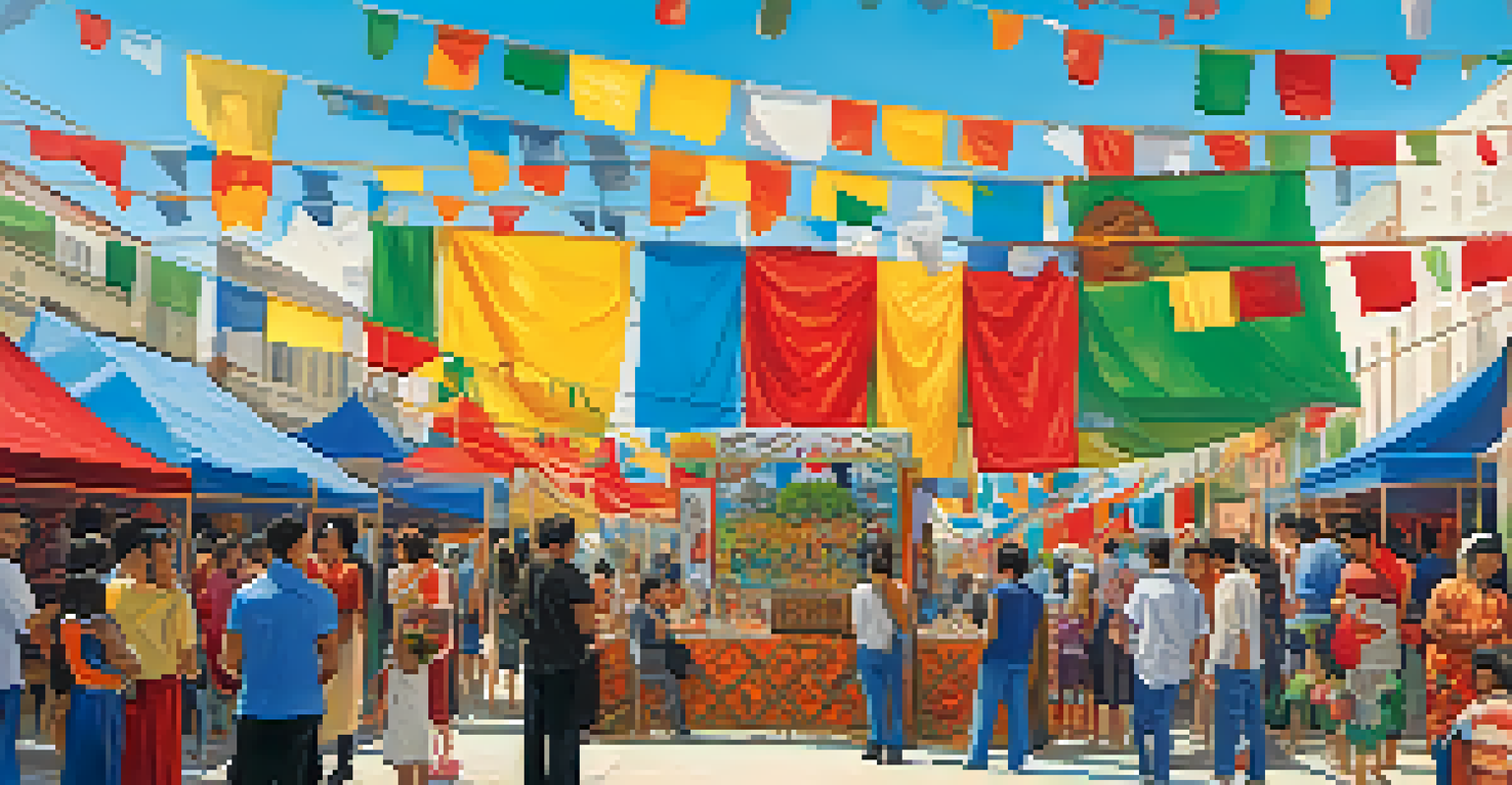 An outdoor art exhibition with colorful artworks and a lively crowd enjoying the event under a clear sky.