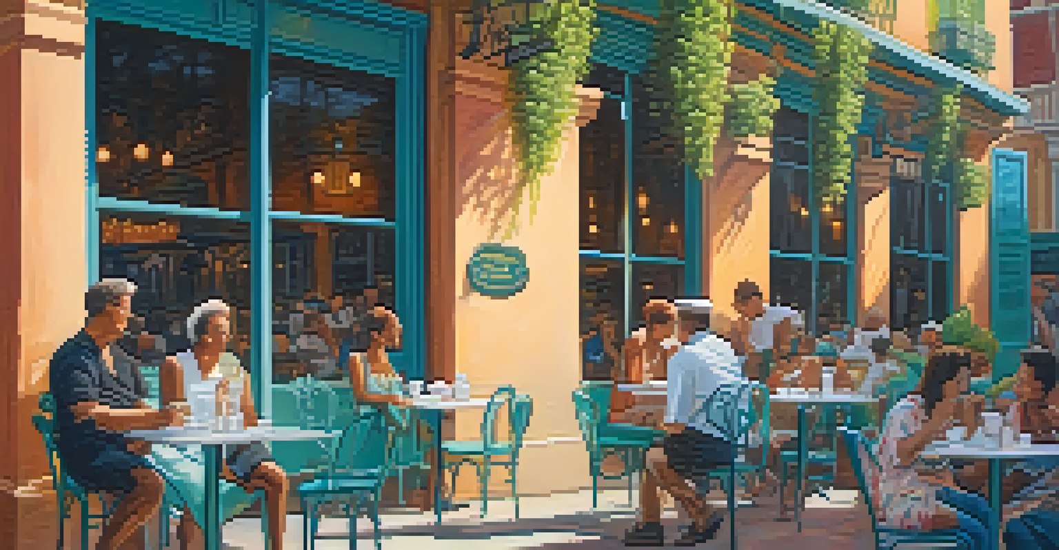 An outdoor café in the French Quarter with a table of beignets and café au lait, surrounded by colorful murals and greenery.