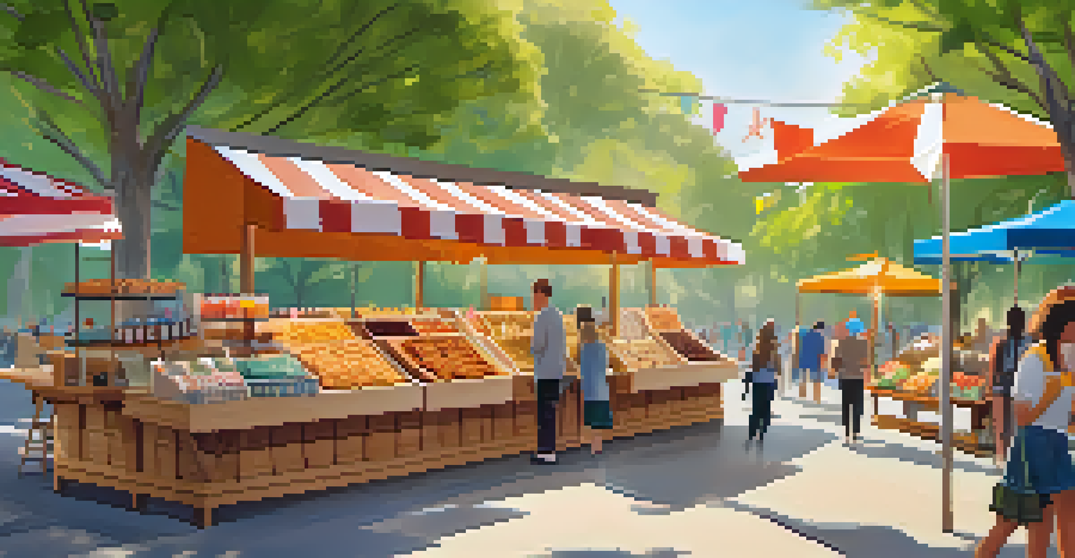 A food vendor at a craft fair, showcasing colorful snacks and treats, with shoppers enjoying the delicious offerings under warm sunlight.