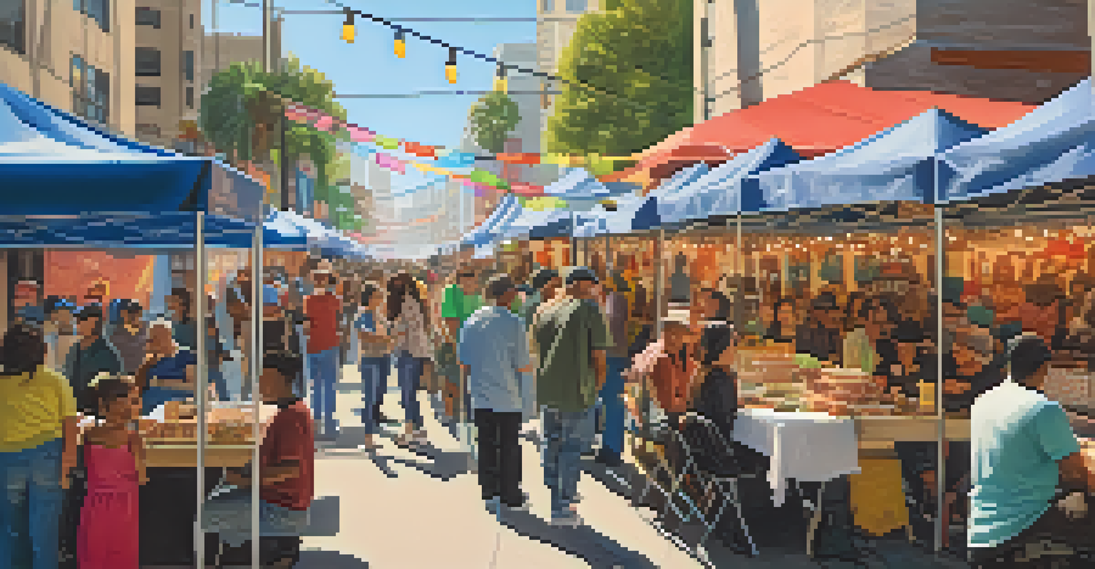A lively street scene in Downtown Los Angeles during a cultural festival, featuring diverse people enjoying food stalls and live music.