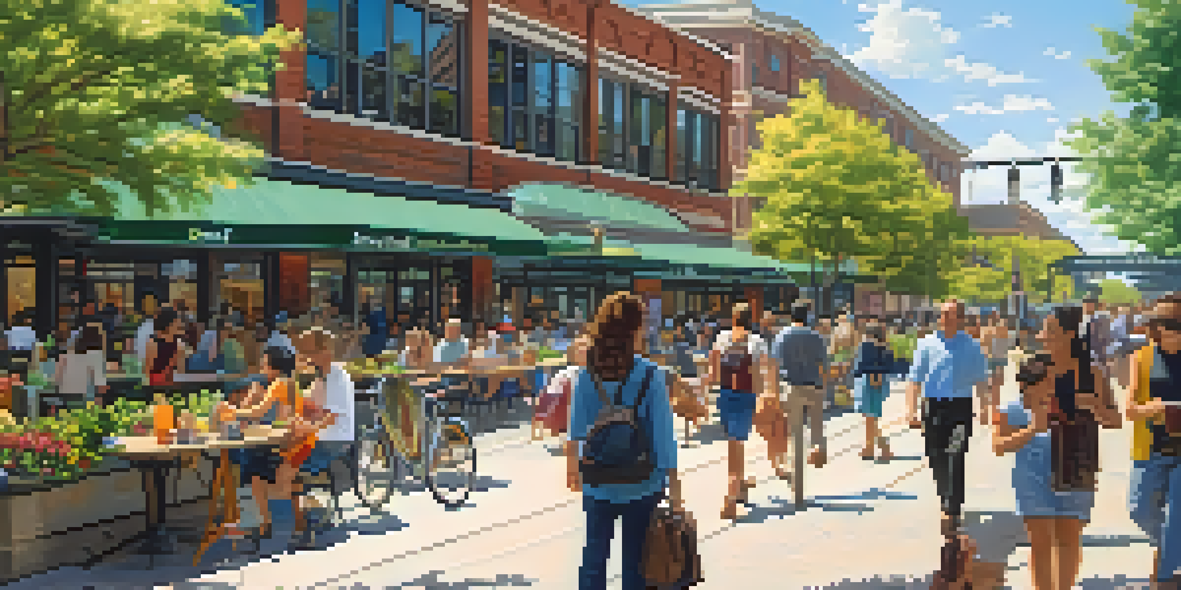 A lively urban area with a modern train station, cafes, shops, and green spaces filled with people walking and biking under a sunny sky.