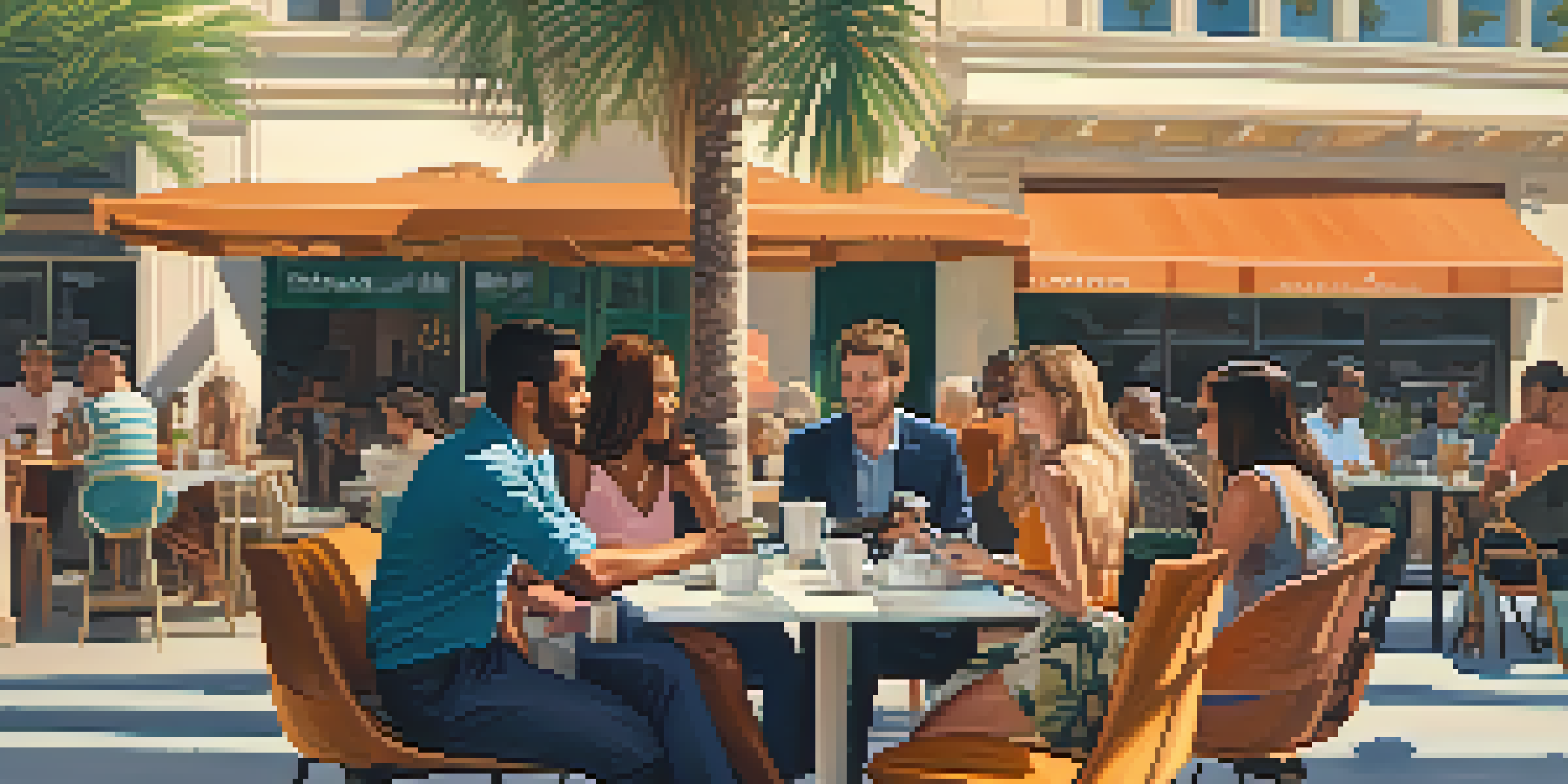 A lively outdoor café in Los Angeles with a diverse group of entrepreneurs collaborating, surrounded by palm trees and modern buildings.