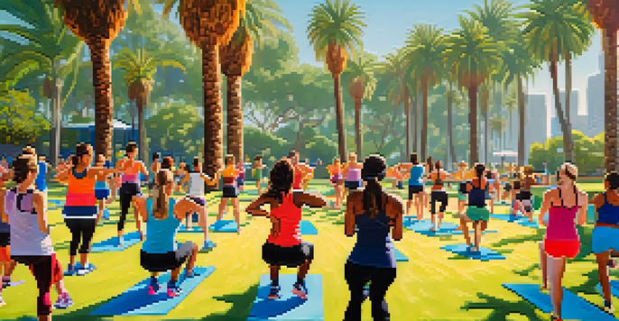 A diverse group of people participating in an outdoor fitness class in a sunny park in Los Angeles, surrounded by palm trees.