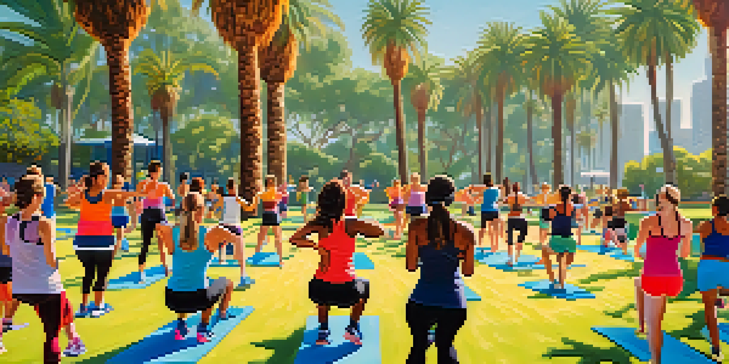 A diverse group of people participating in an outdoor fitness class in a sunny park in Los Angeles, surrounded by palm trees.
