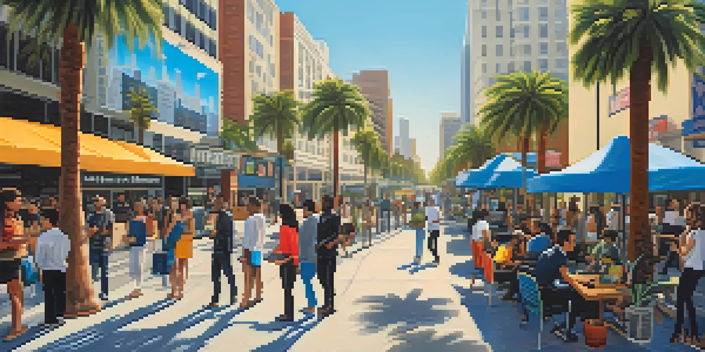 A lively street scene in Los Angeles featuring diverse entrepreneurs working together in front of colorful murals and modern buildings, with palm trees in the background.