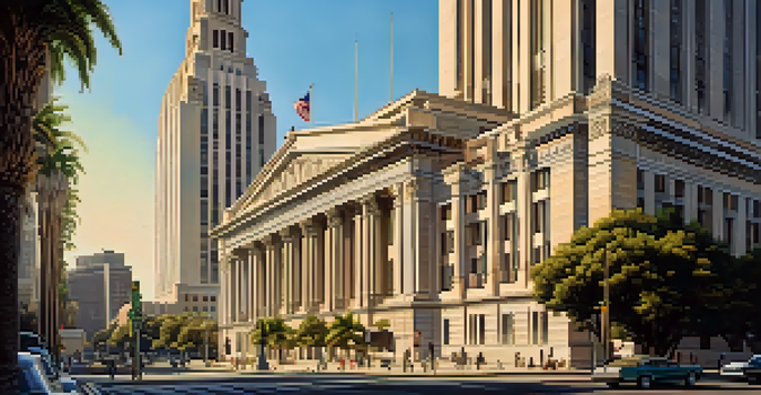A view of the Los Angeles City Hall, highlighting its Art Deco architecture with decorative elements, set against a warm golden hour sky and a lively city scene.