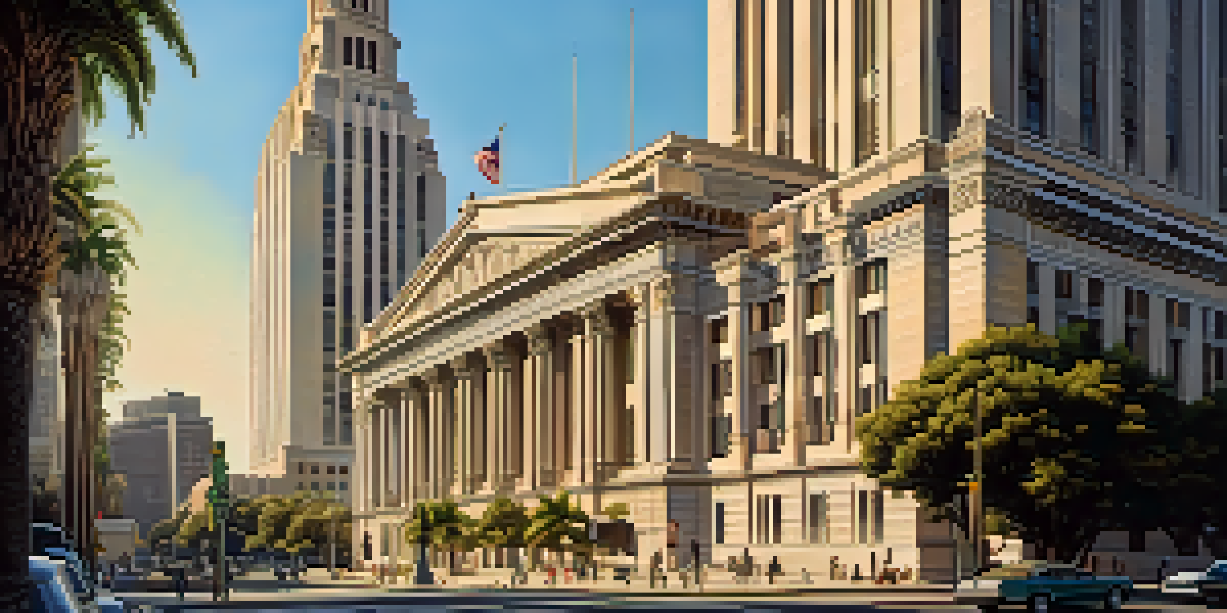A view of the Los Angeles City Hall, highlighting its Art Deco architecture with decorative elements, set against a warm golden hour sky and a lively city scene.