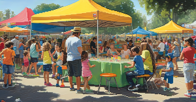 Families enjoying a hands-on craft festival in a Los Angeles park, with children participating in activities.