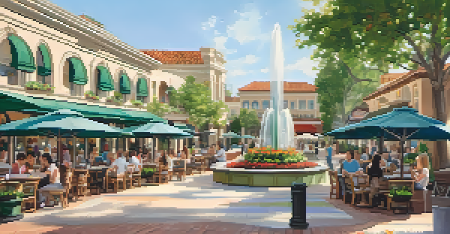 A beautiful outdoor shopping area at The Grove with a fountain and people dining.