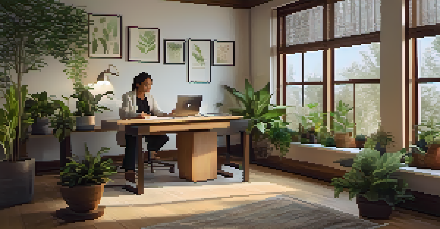 A holistic health practitioner guiding a client through a mindfulness exercise in a cozy office filled with plants and warm decor.