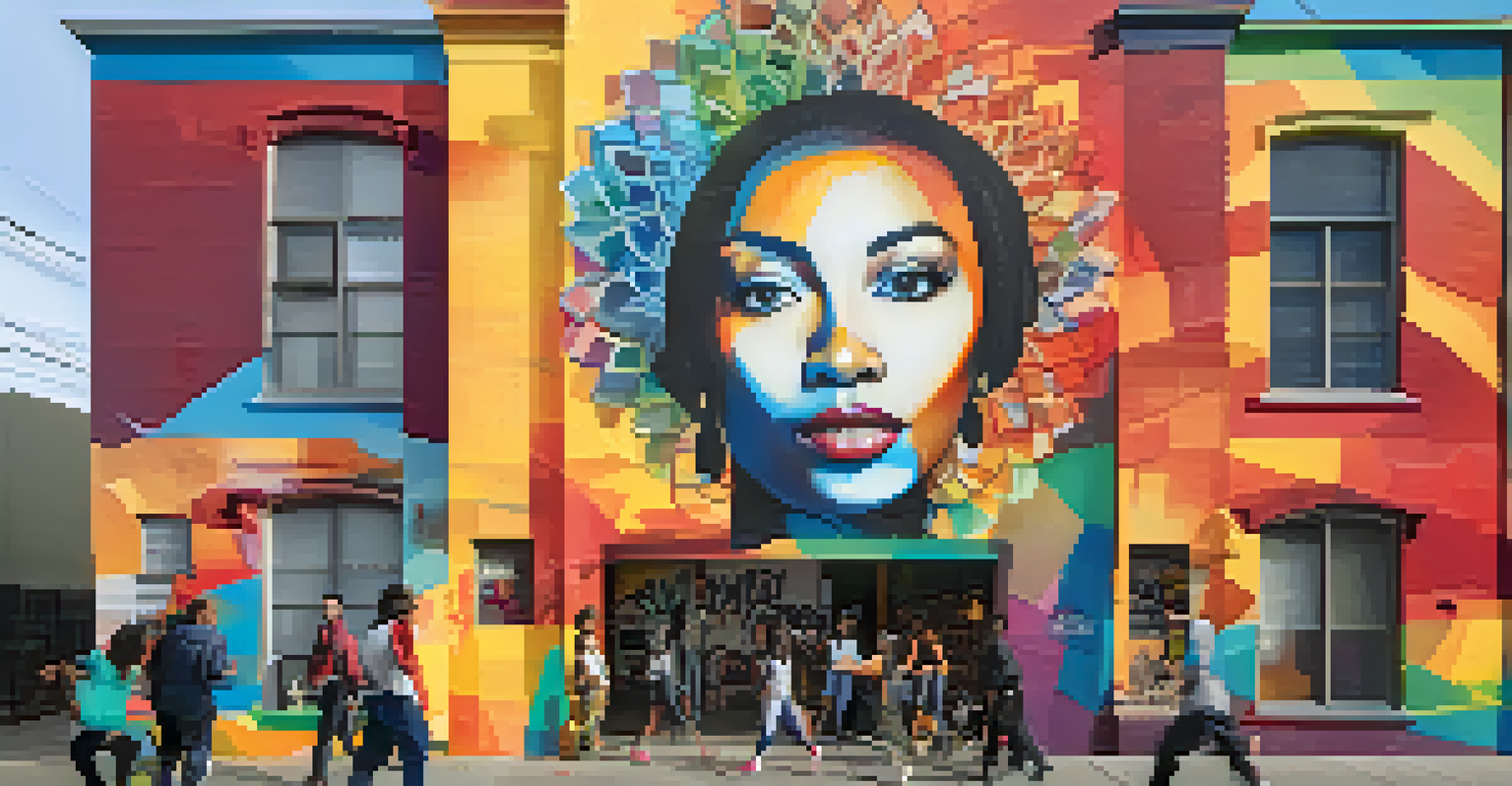 A colorful street art mural depicting community resilience, with diverse portraits and inspirational phrases, surrounded by pedestrians.