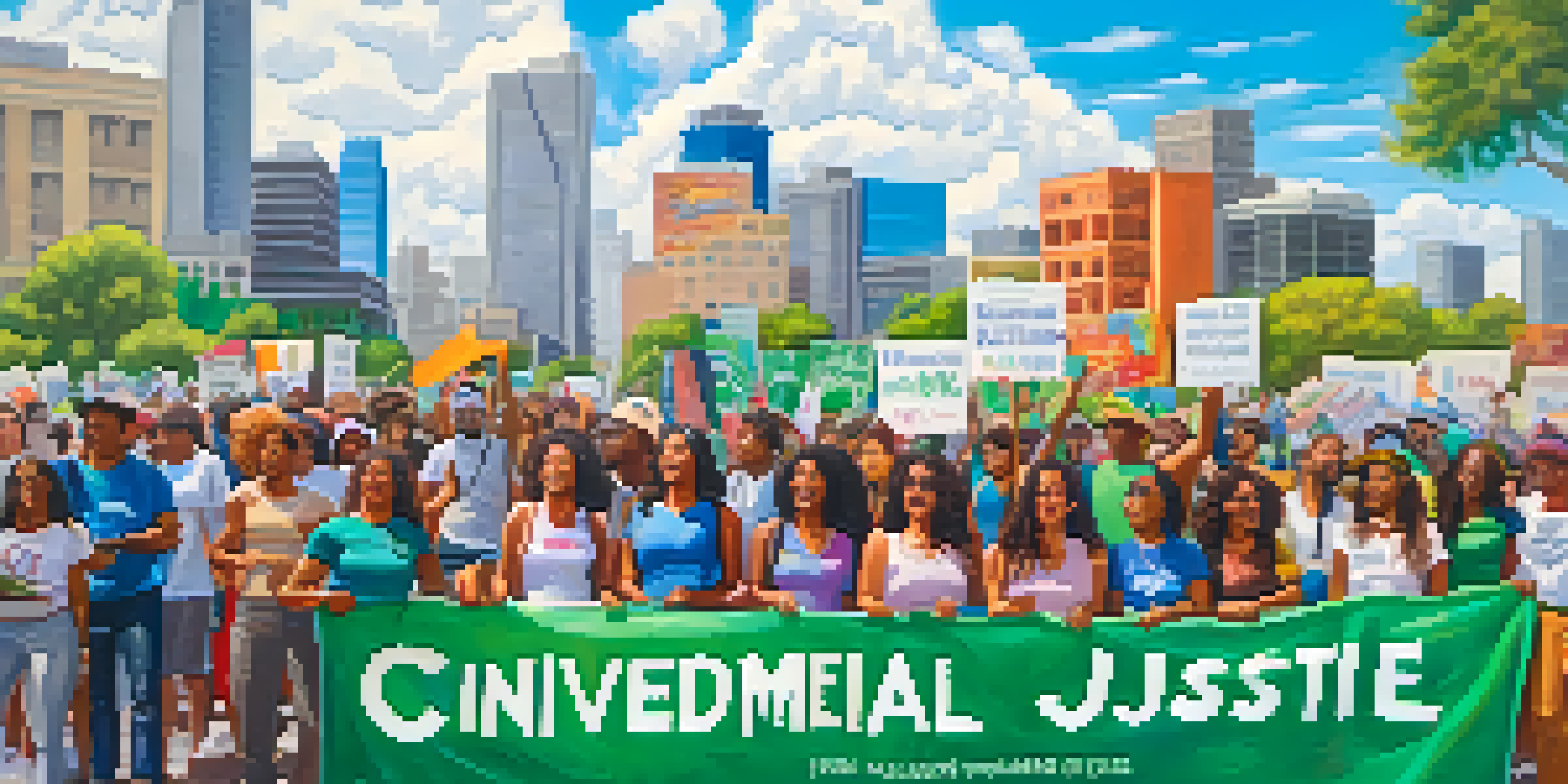 A lively rally with diverse women activists in Los Angeles, holding up banners for environmental justice, surrounded by greenery and urban buildings.