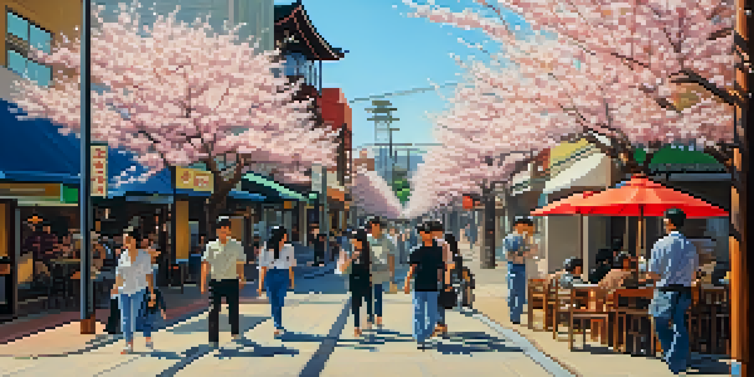 A lively street in Little Tokyo with cherry blossom trees and a mix of traditional and modern architecture, filled with people enjoying the day.