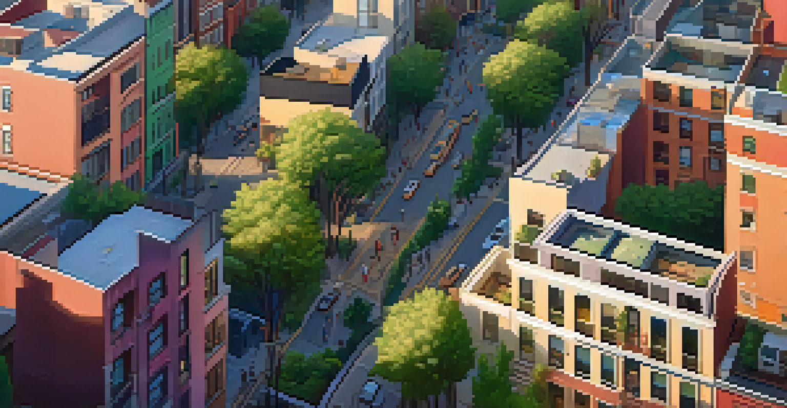 An aerial view of a gentrified neighborhood with luxury apartments and local shops, featuring colorful murals and parks, illuminated by soft golden hour light.