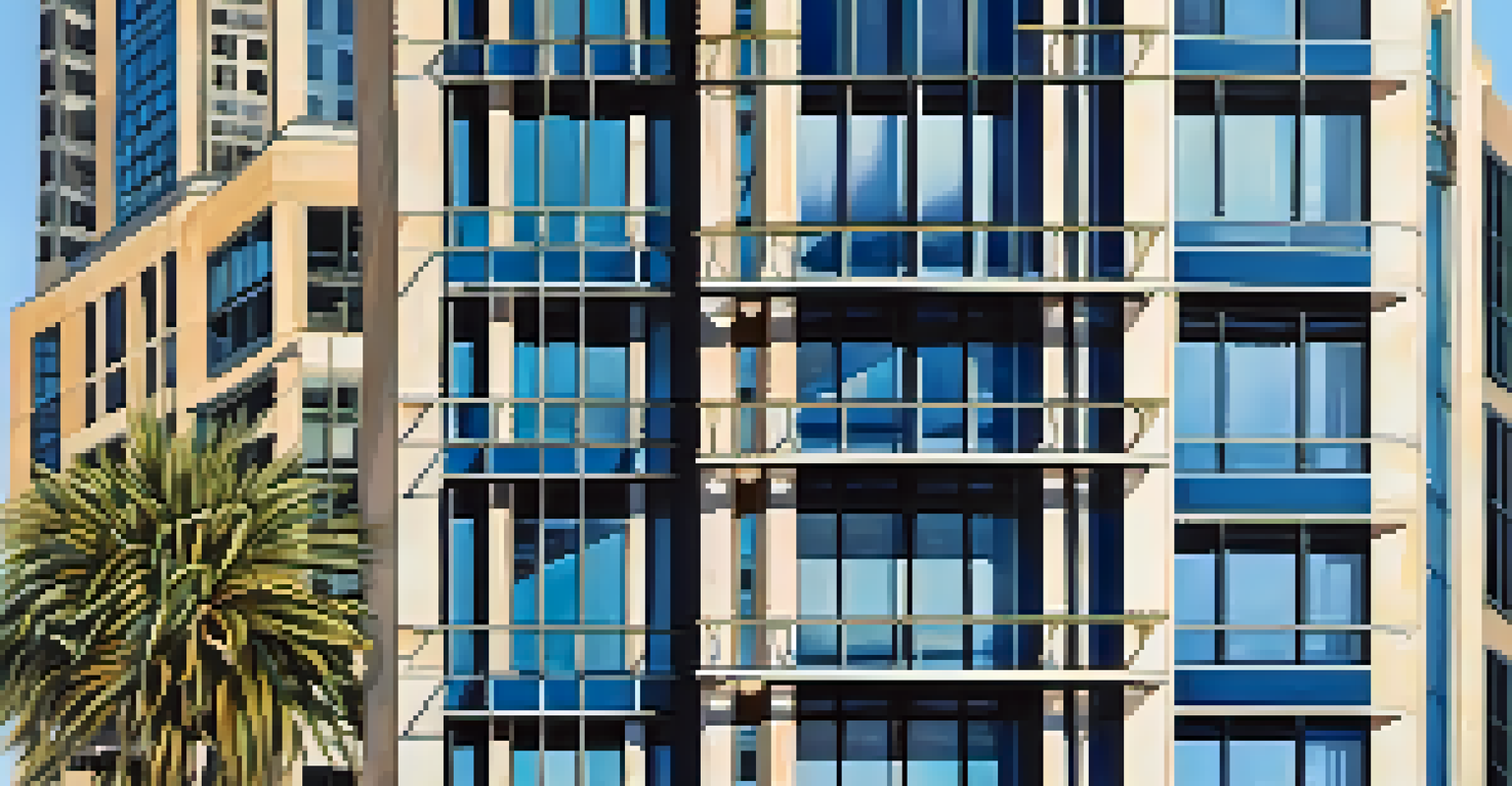A detailed view of a modern high-rise building in Los Angeles, showing glass facades and greenery.