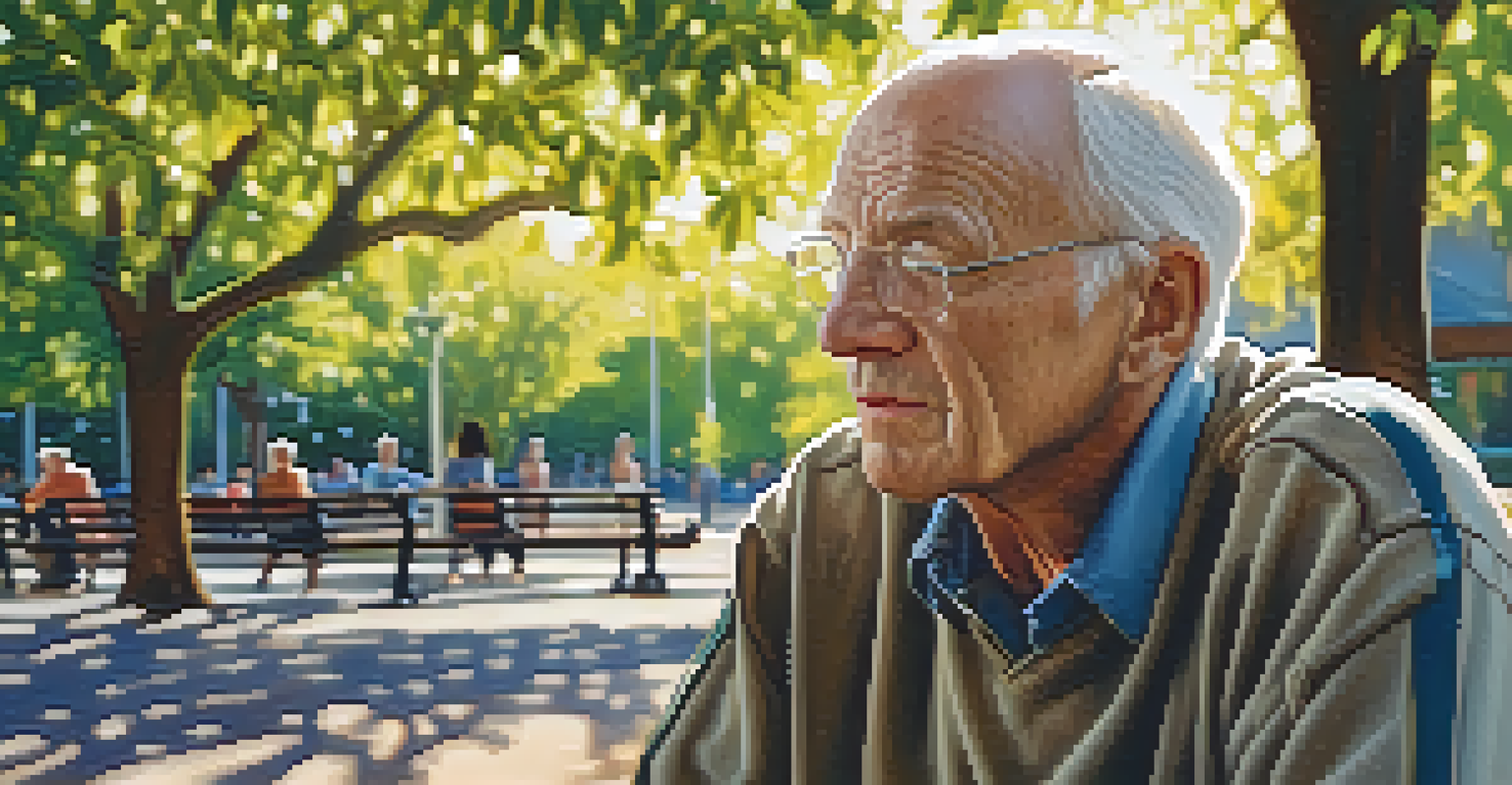 An elderly man sitting alone on a bench in a vibrant park, surrounded by playful children.