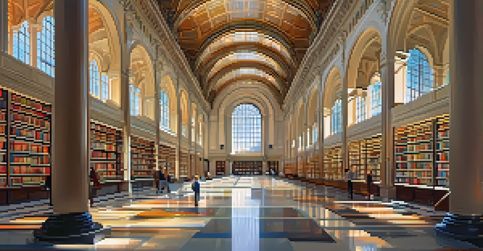 The interior of a grand library featuring high ceilings and decorative arches, with sunlight creating colorful patterns on the floor.