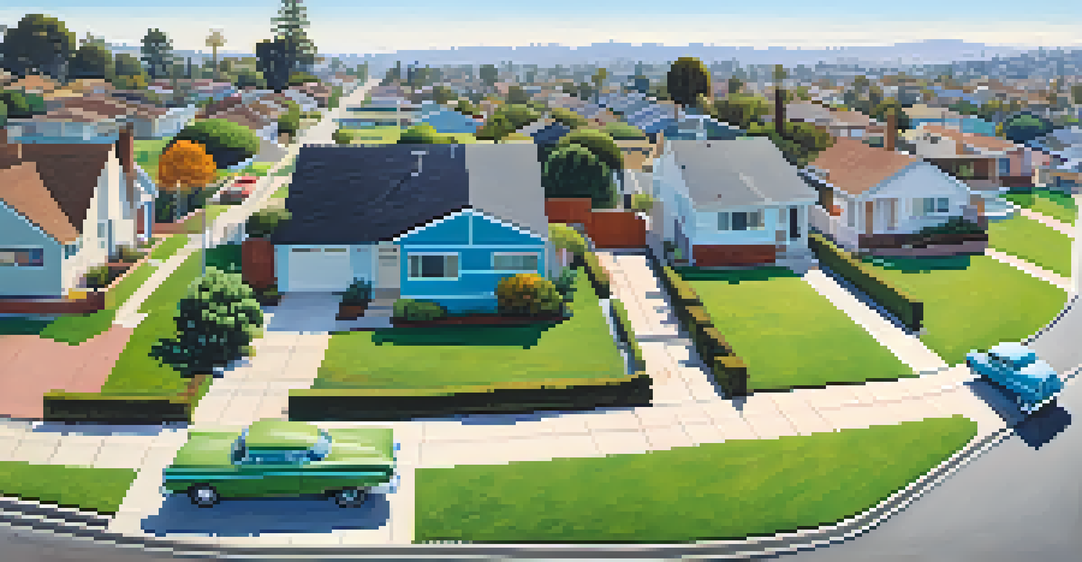 A suburban neighborhood in Los Angeles with mid-century modern homes, children playing outside, and families enjoying the sunny day.