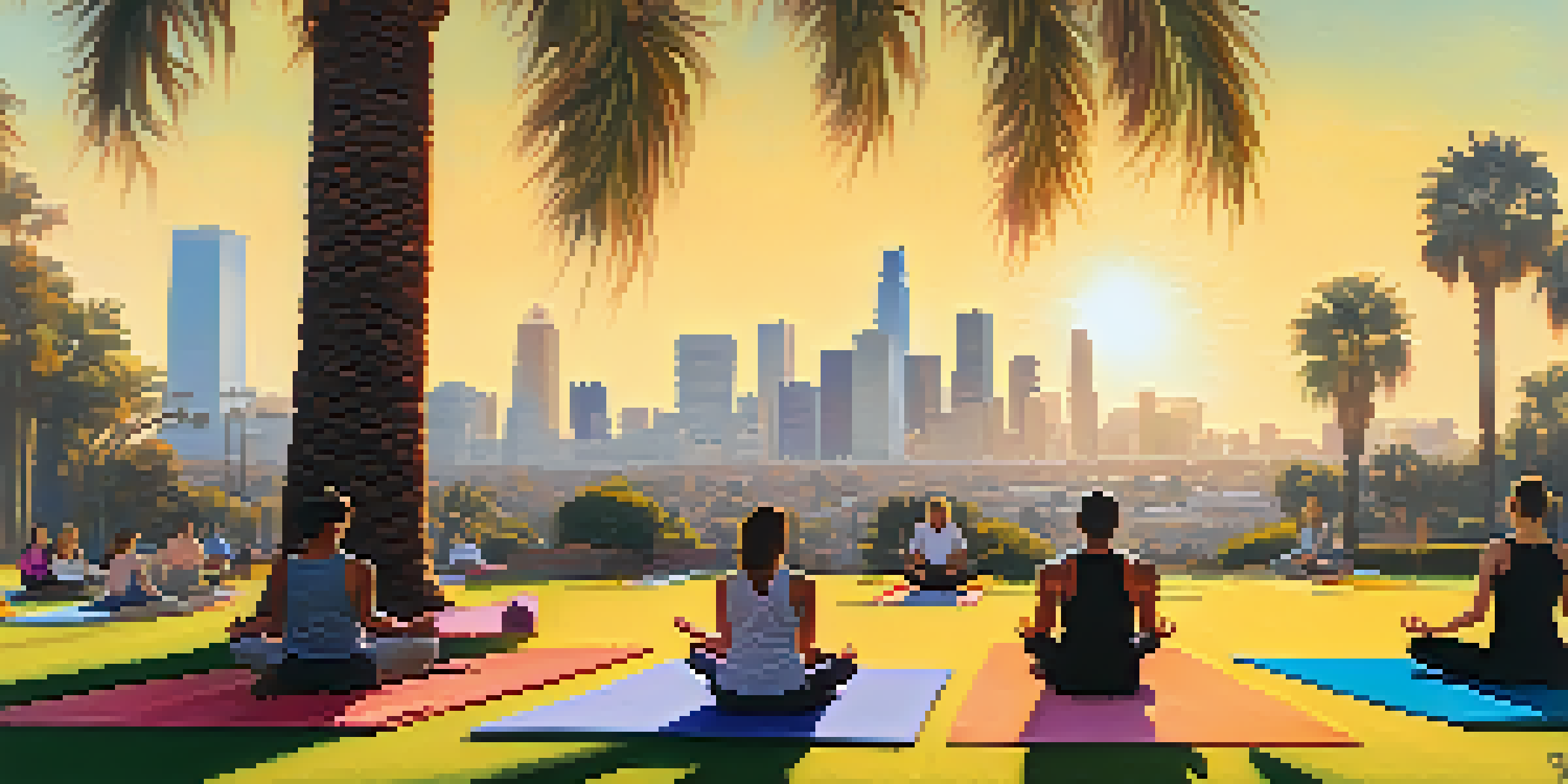 A diverse group of individuals practicing yoga in an outdoor setting with palm trees and the Los Angeles skyline in the background, bathed in warm sunlight.