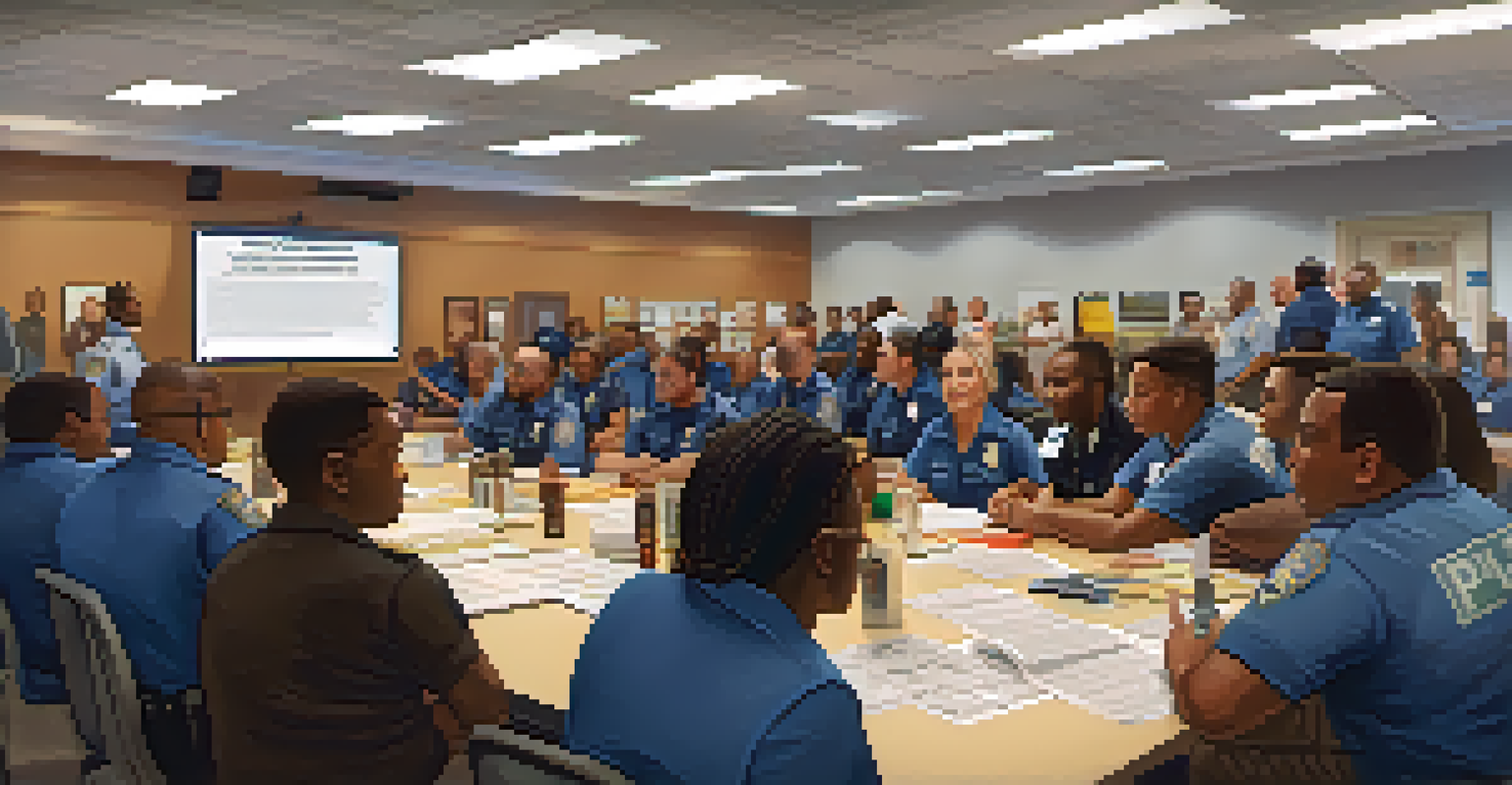 A town hall meeting with community members and police officers discussing safety initiatives in a community center.