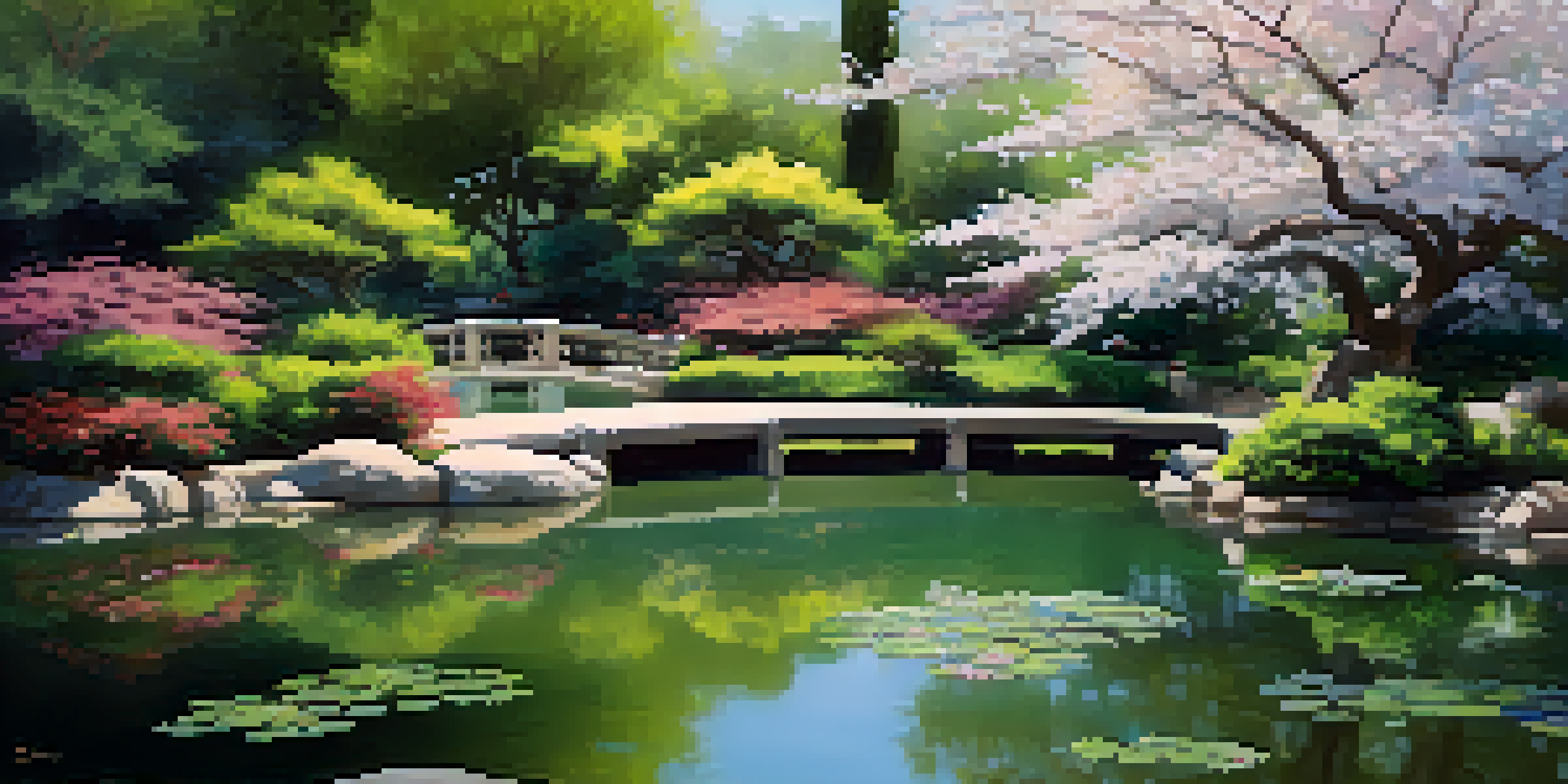 A peaceful Japanese Garden with a koi pond and cherry blossoms, illuminated by soft sunlight.