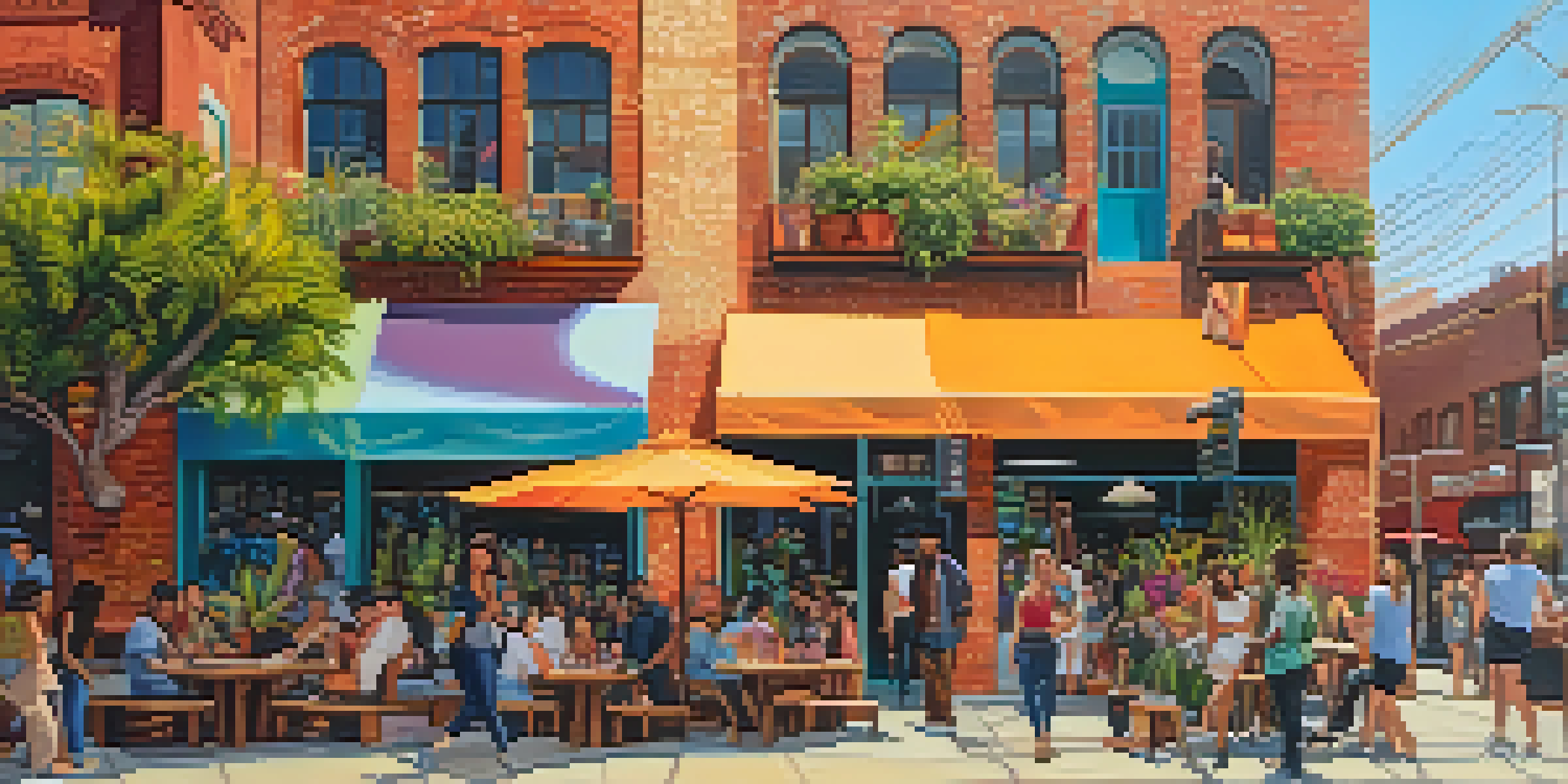 A lively street scene in the Arts District of Los Angeles with colorful murals, diverse pedestrians, and trendy cafes bathed in warm sunlight.