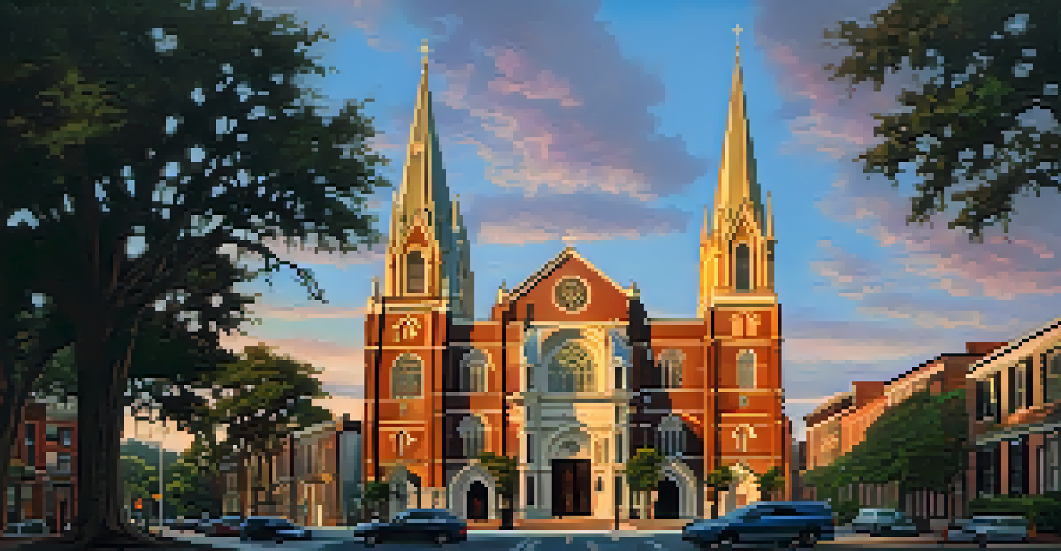 A beautiful sunset view of the Cathedral of St. John the Baptist in Savannah, highlighting its stunning architecture.