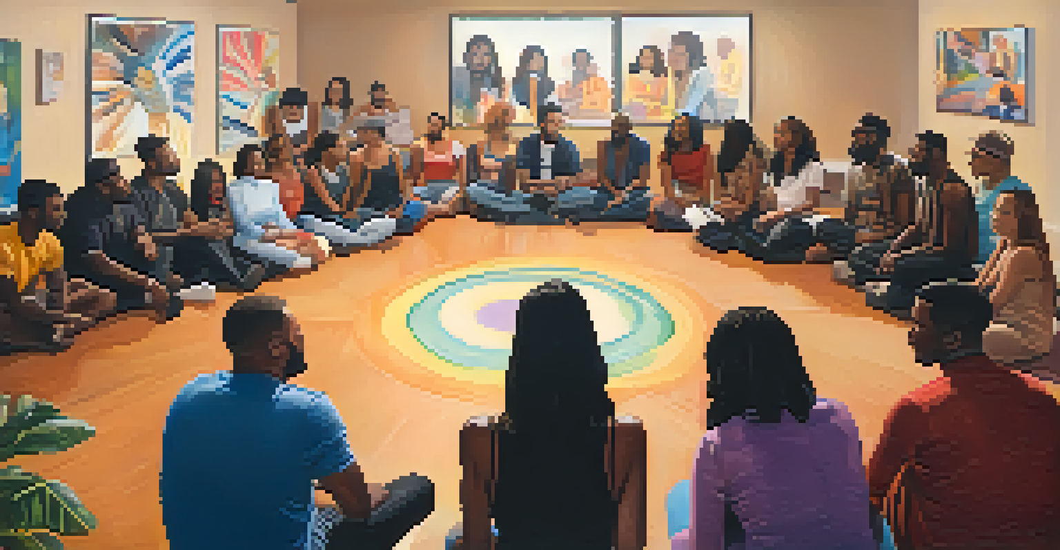 A supportive discussion taking place in a community center with diverse individuals engaged in conversation, surrounded by art that represents intersectionality.