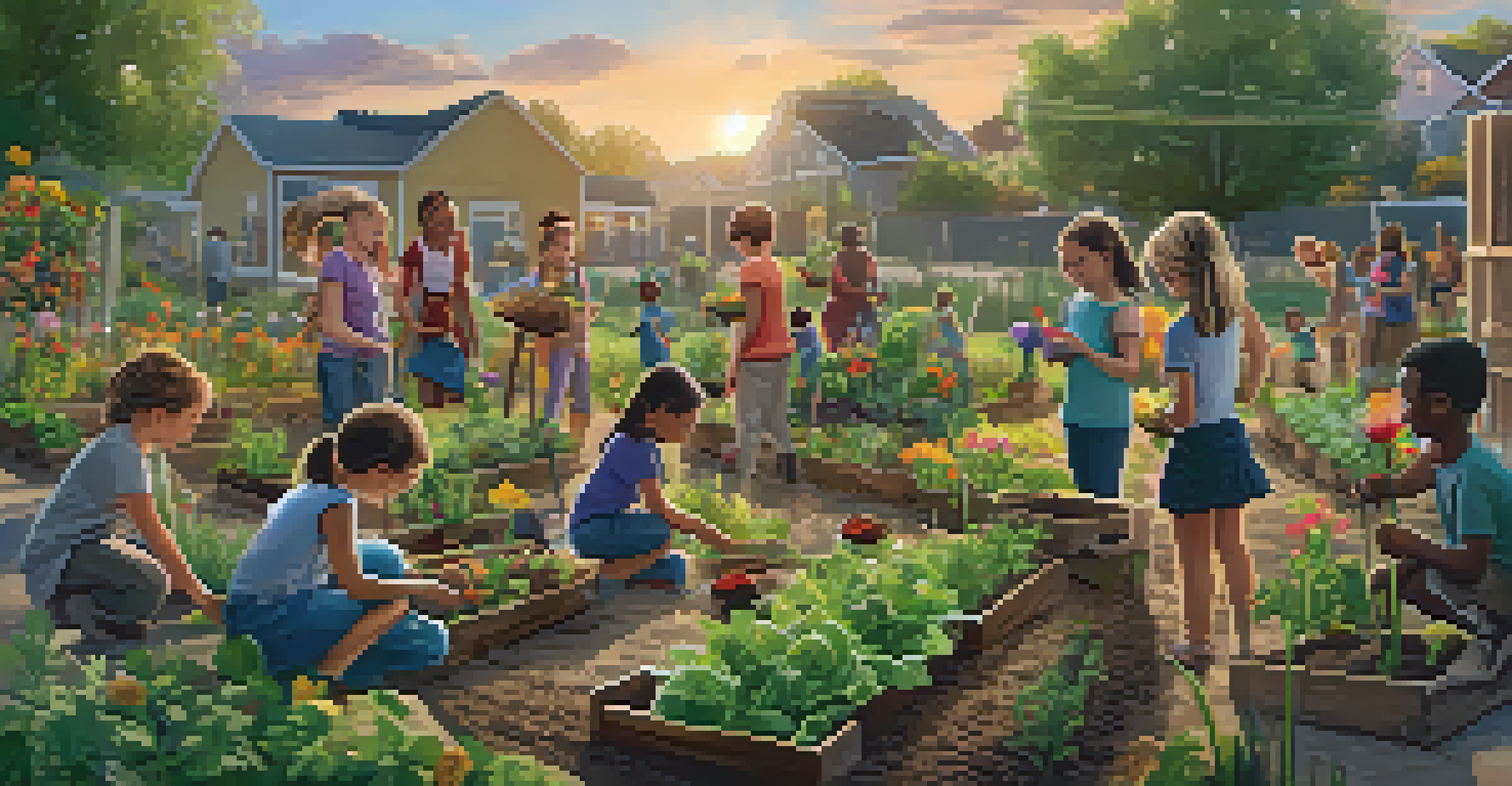 Children and young adults working together in a community garden, planting flowers and vegetables, with smiles and a sunset in the background.