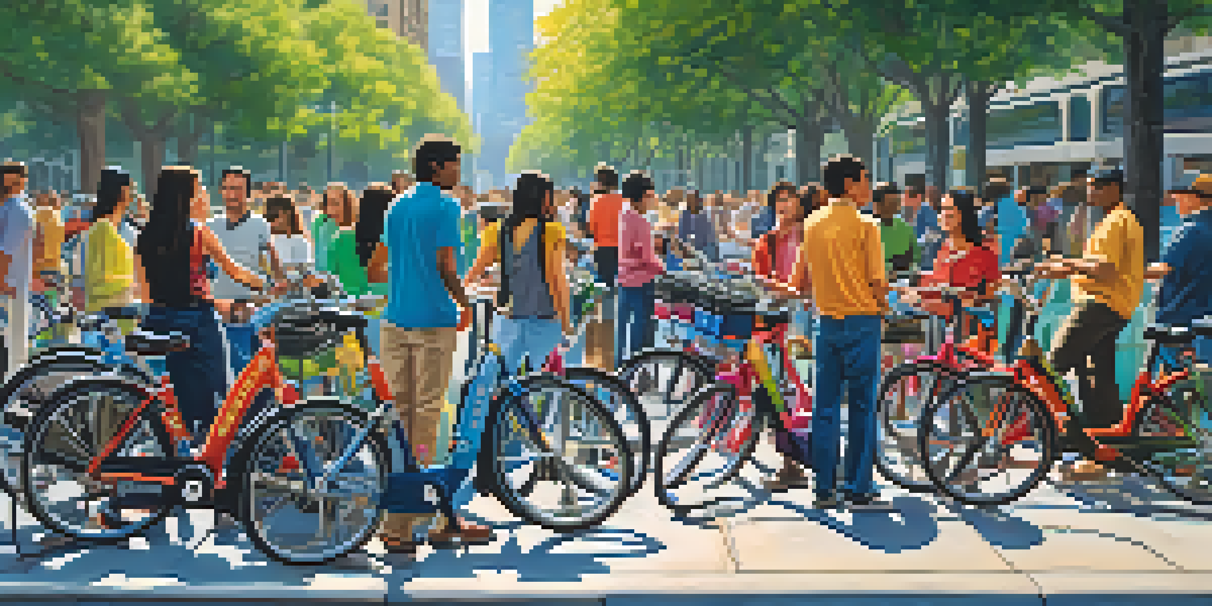 A busy bike-sharing station with colorful bikes, people interacting, and a bright urban background.