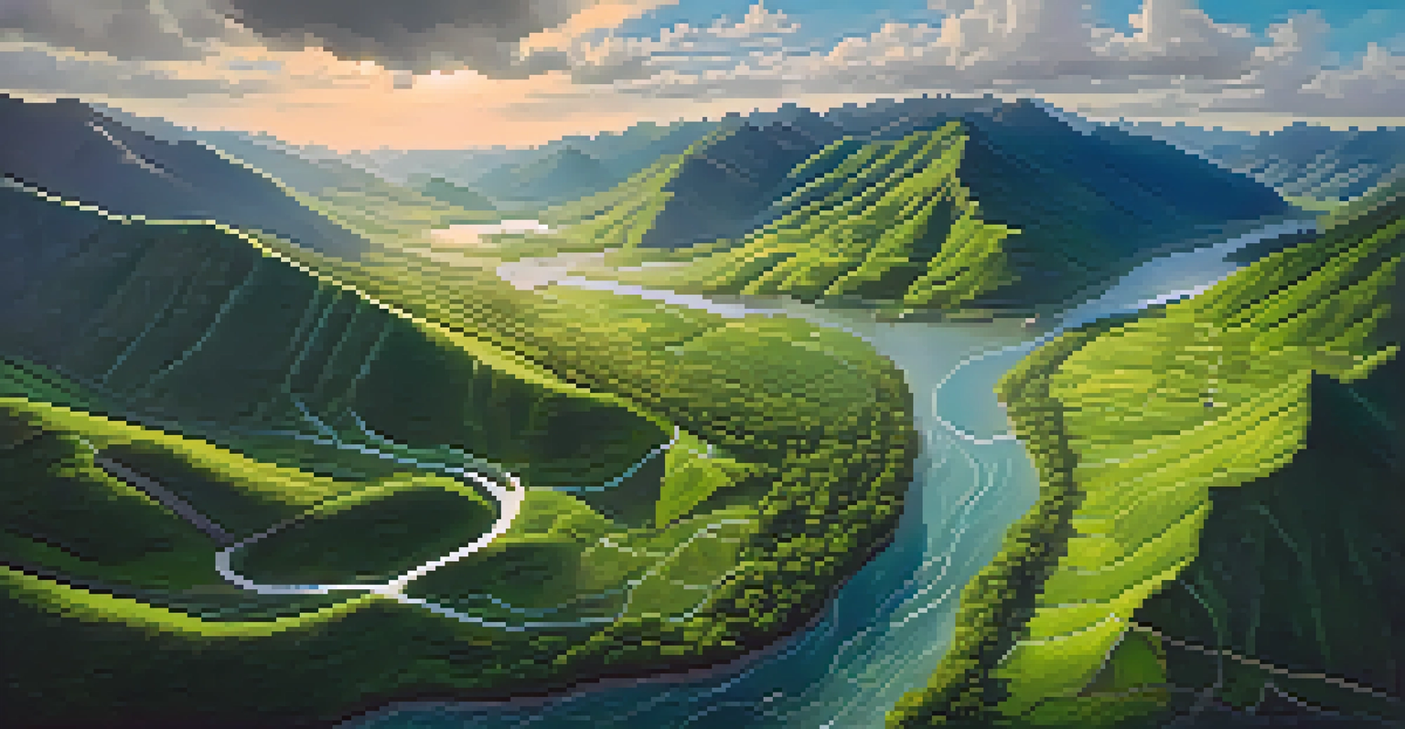 An aerial view of green mountains and a winding river, with sunlight streaming through clouds.