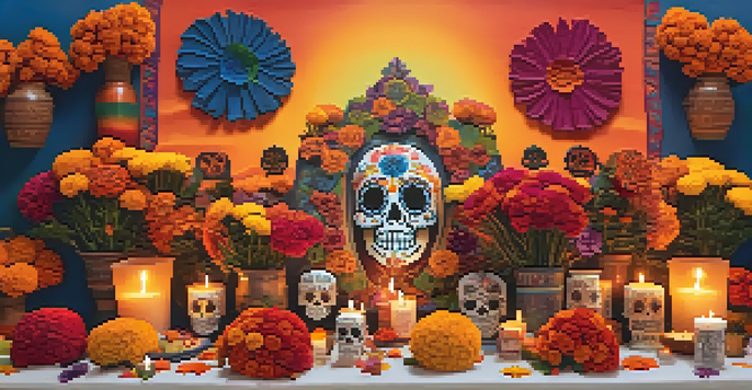 A colorful altar for Dia de los Muertos, filled with marigolds, candles, sugar skulls, and photographs of loved ones, against a sunset backdrop.