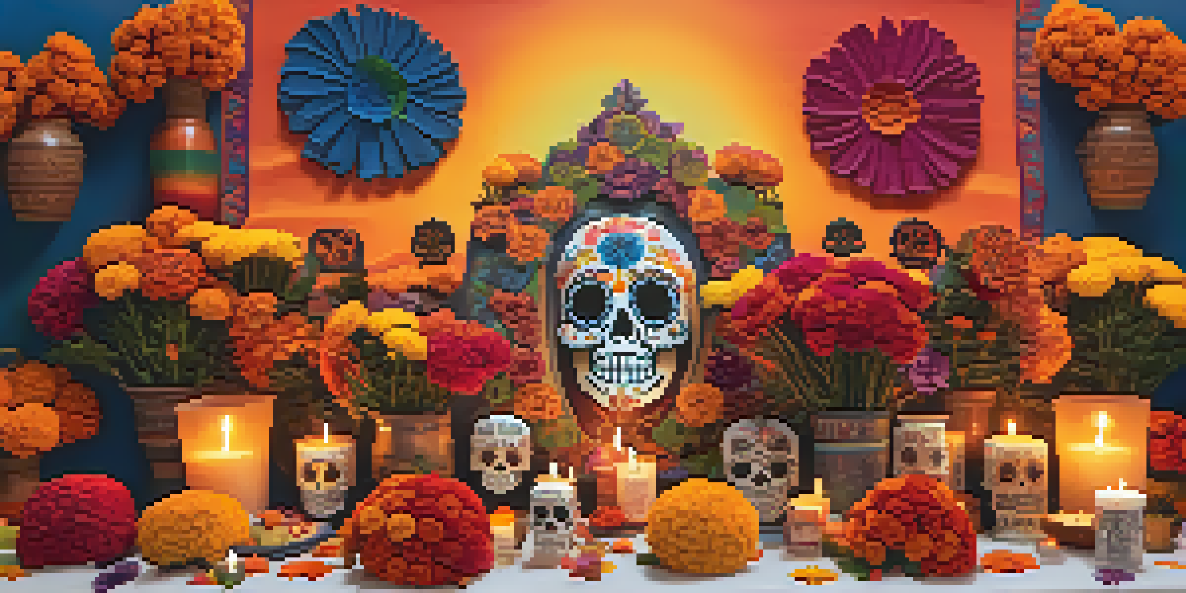 A colorful altar for Dia de los Muertos, filled with marigolds, candles, sugar skulls, and photographs of loved ones, against a sunset backdrop.