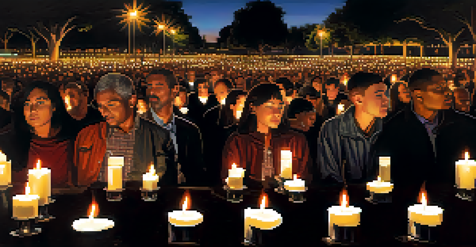 A memorial vigil in Los Angeles for those lost to AIDS, with candlelight and flowers, creating a poignant and reflective atmosphere.