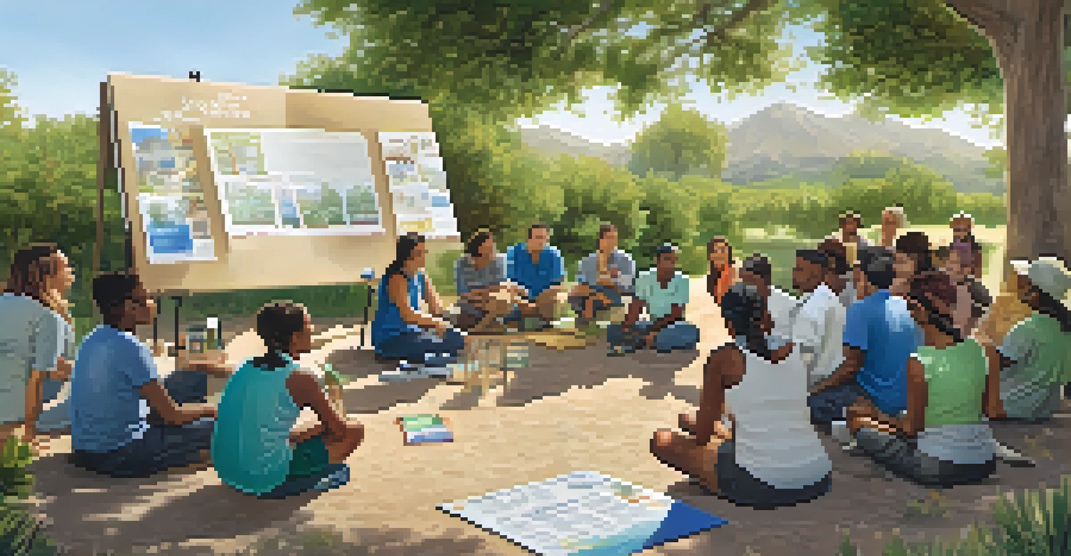A diverse group of community members participating in an outdoor workshop about water conservation, with posters and discussions in an engaging setting.