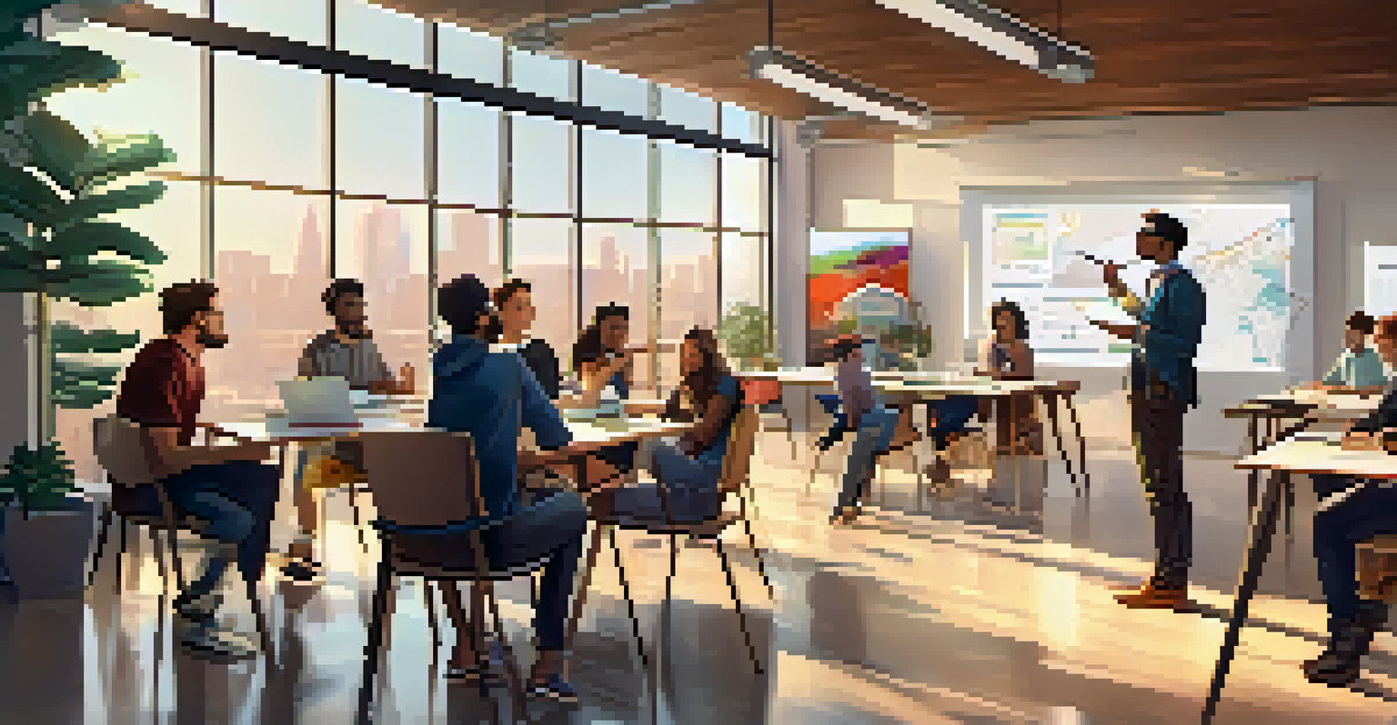 A young social entrepreneur presenting their project in a bright co-working space, with peers engaged and taking notes.