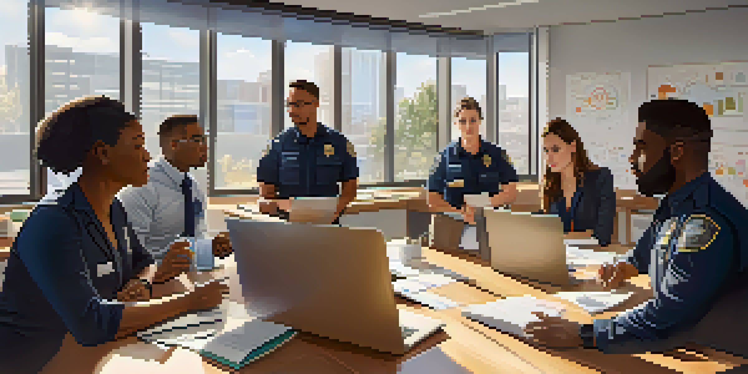 A diverse group of professionals collaborating in an office, discussing crisis response strategies with laptops and charts in a well-lit environment.